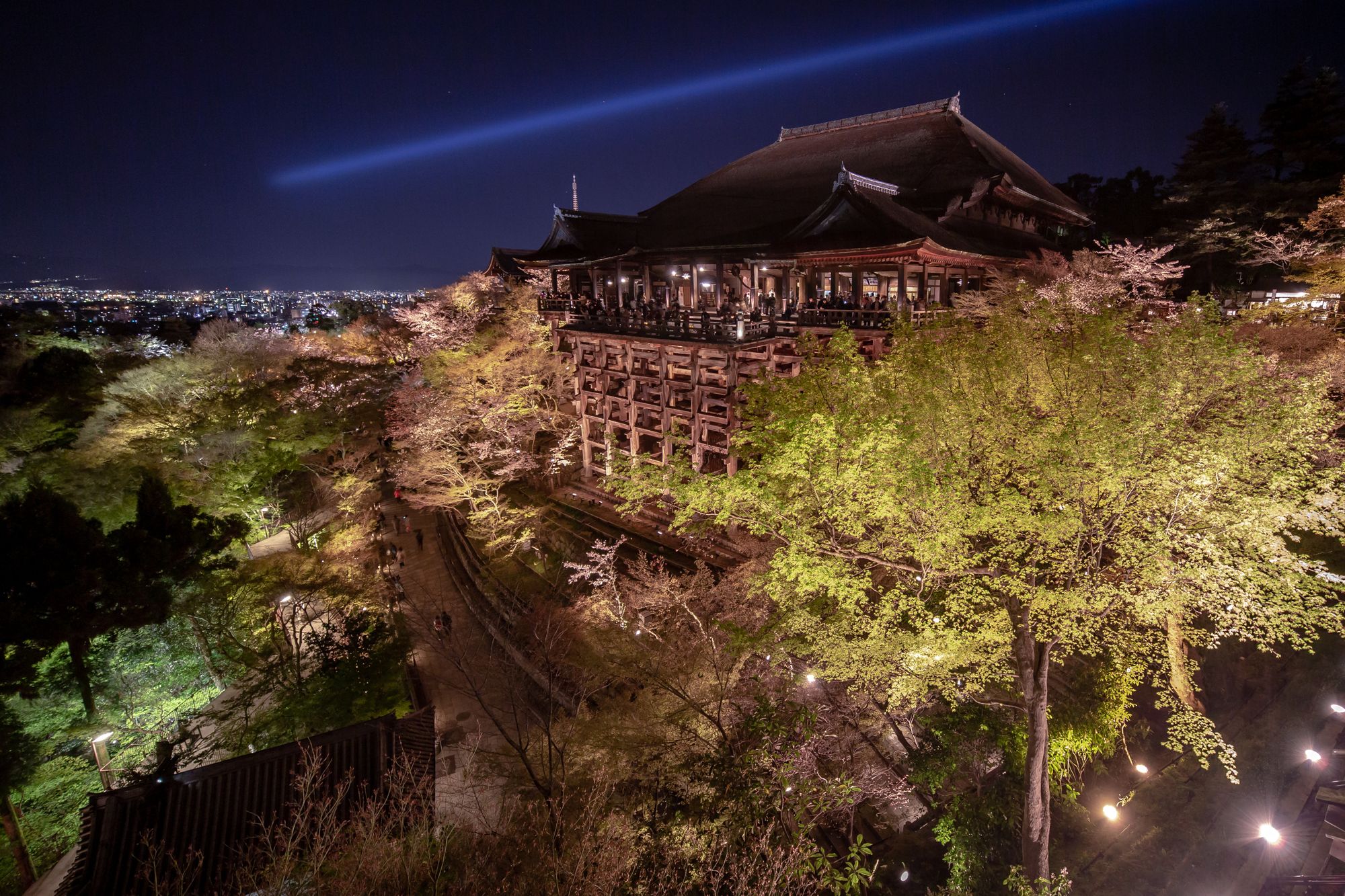 Night view of a large wooden temple with a tall wooden platform in front. Trees with green foliage surround the structure, illuminated by lights.
